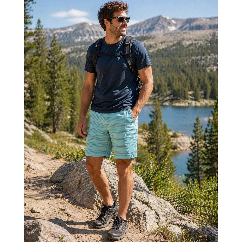 Kuhl Mens 34 Blue Green Micro Stripe Quick Dry Hiking Hybrid Shorts 10" Inseam